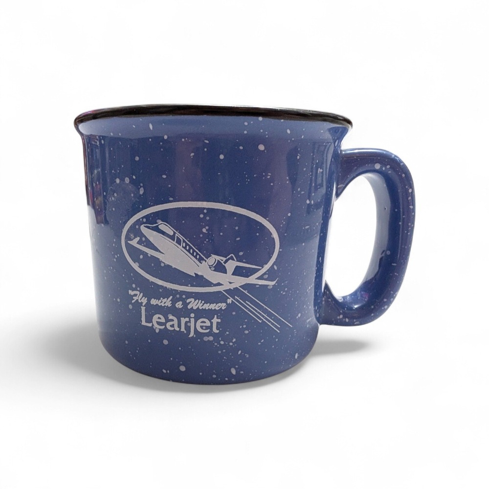 Fly With a Winner Lear Jet ceramic blue campire mug stars 3 1/2 inch heavy